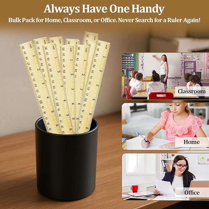 Wooden Ruler 12 Inch Bulk Dual-Sided Inches & Metric Measuring Stick for Classroom, Office, School for Teachers, Students, Artists (12 Pack)