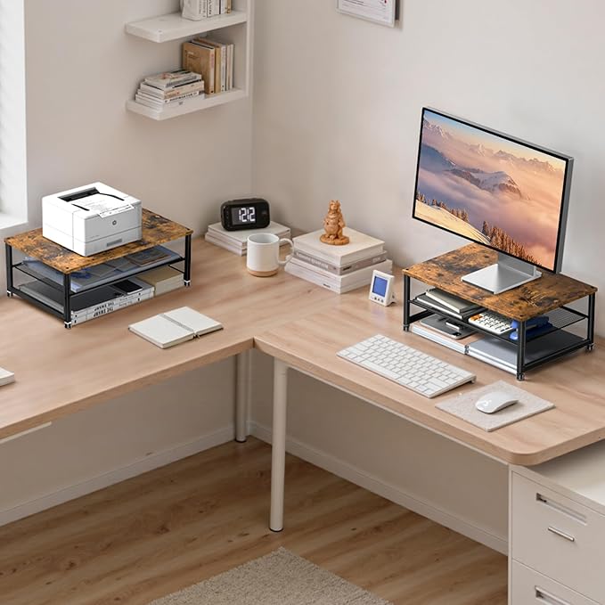 Desk Organizers and Accessories, 2-Tier Metal Computer Monitor Stand Riser, Desk Organizer for Monitor, Printer & Laptop Stand, Desktop Workspace Organizers for Office Supplies(Brown)