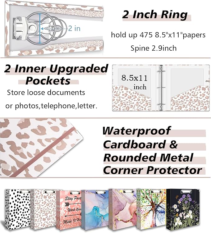 3 Ring Binder 2 Inch for 8.5"x11" Paper, Three Ring Binders with Clipboard, 5 Dividers with Tabs and Pockets, Clear Folder, 18 Divider Stikers, BVSSX Decorative Binder with Pen Holder, Leopard