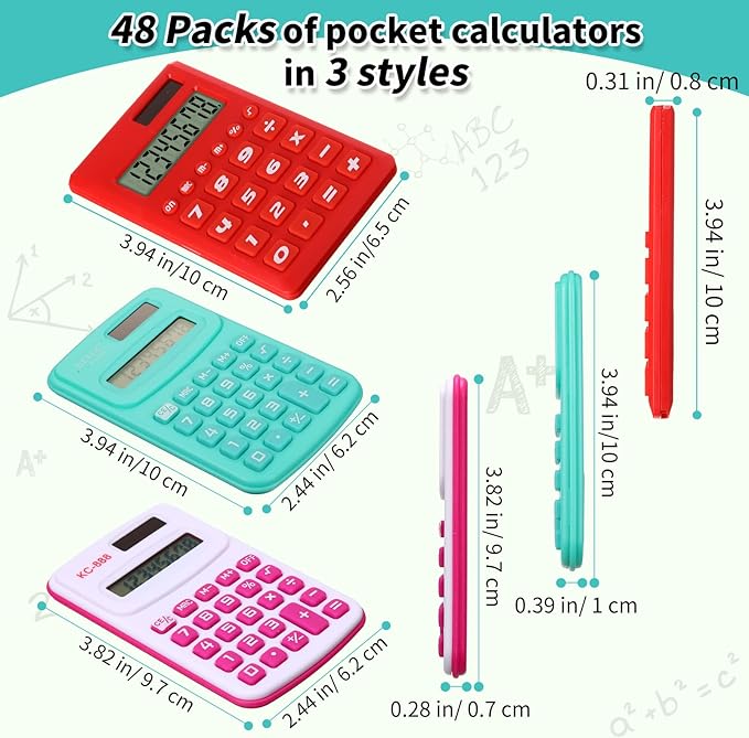 Yunsailing 48 Pcs Pocket Calculators Bulk Mini 8 Digit Handheld Calculator Small Basic Standard Calculator for Students Kids Teachers School Desktop Home Office, 3 Designs (Classic)