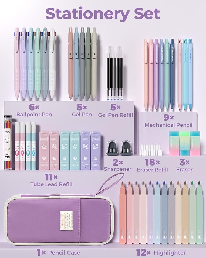 Four Candies 56 PCS Aesthetic School Supplies with Pencil Case, 6 Multicolor Pen, 12 Pastel Highlighters, 5 Gel Pens Black Ink, 9 Mechanical Pencils for Student Stationary Set Preppy Stuff (Purple)