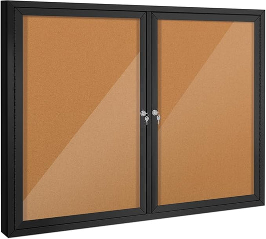 S SWANCROWN Outdoor Bulletin Board Weatherproof 48x36in, Enclosed Bulletin Board Wall Display Case for Office School Commerce, Cork, Black Aluminum Frame