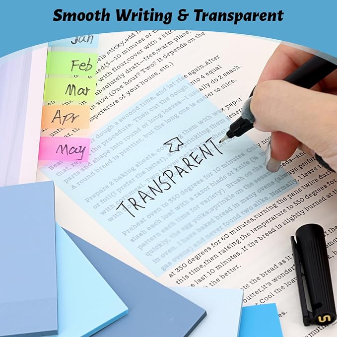 ‎SYMDROMIA Transparent Sticky Notes, 3"x3" Clear Post Translucent Sticky Notes with See Through Self-Adhesive Sticky Pads for Office School College Supplies,800 Sheets Ocean Blue