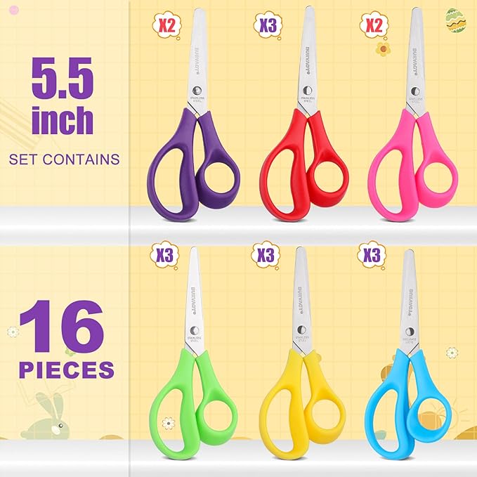 16Pack 5.5" Safety Small School Kids Student Round Blunt Tip Craft Scissors Bulk, Stainless Steel Blades Comfort Grip Scissors for Kid Children Kindergarten Cutting Paper