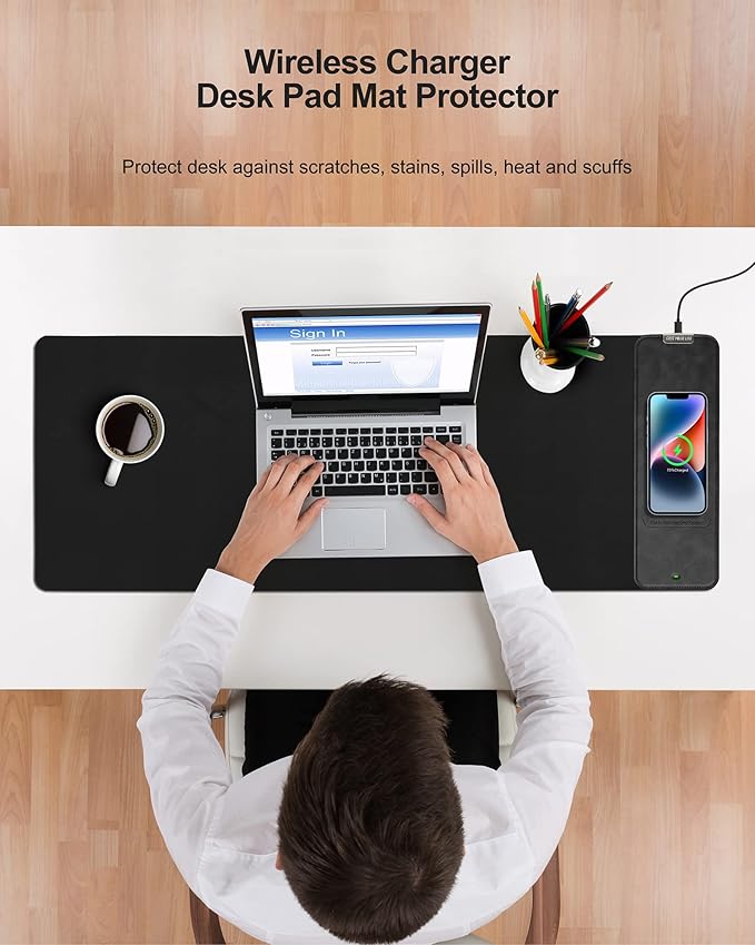 Mouse Pad with Wireless Charging, Black Mousepad Long Desk Mat, Large Gaming Mouse Pad, Soft Mouse Pad Gaming Desk Pad with Non-Slip Rubber Base, Extended Computer Keyboard Mat Office Mice Pad