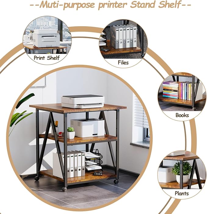 3-Tier Printer Stand, Large Printer Table with Storage, Industrial Printer Storage Cart with Wheels, Rolling Printer Stand for Heat Press Scanner Fax, Brown