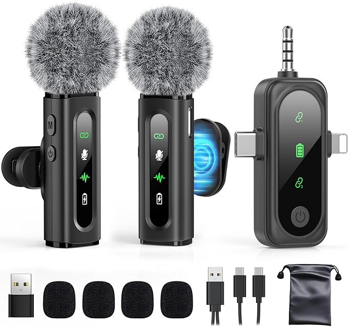 Wireless Lavalier Microphone for iPhone, Android, USB C, PC, Camera Video Recording 4 in 1 Clip-on Mics with Rotatable Clip&Denoise Recording, for Vlog Tiktok YouTube Podcast Content Creator