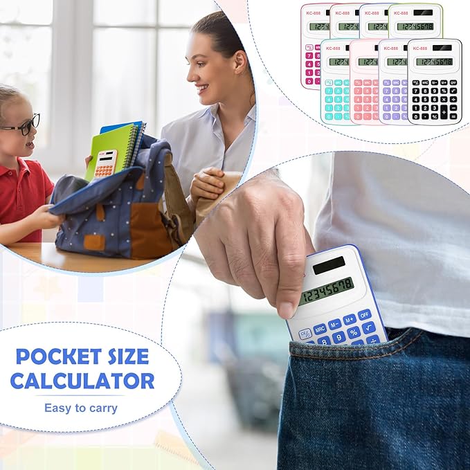 Hoteam 16 Pcs Christmas Pocket Calculator Gift for Students Bulk Mini Handheld Calculator Basic Standard Calculators with Button Battery 8 Digit Display for School Office Home(Bright Color)