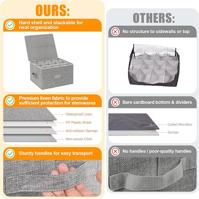 Wine Glass Storage Box 2-Pack, Stemware Container Cases, Stackable w/Hard Shell Top Sides Bottom, Moving Supplies, China Storage Containers for 24 Crystal Glasses Drinkware 10'' Tall, Grey