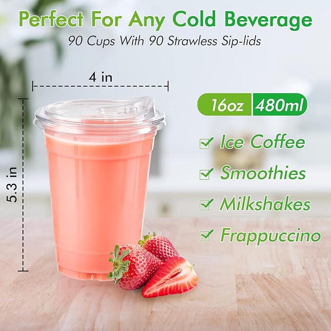 Lilymicky 16oz Clear Plastic Drinking Cups (90 Pack) with Strawless Sip Lids, Disposable Cups for Iced Coffee, Smoothie, Slurpee, or Any Cold Drinks
