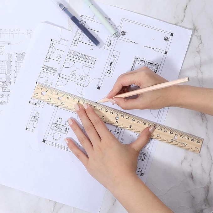 12 Pack Bulk Wooden Rulers 12 Inch Bulk Wood Rulers Wood Measuring Ruler with Centimeters and Inches Straight Edge Ruler with 4 Holes for Office Drafting Supplies 2 Scale