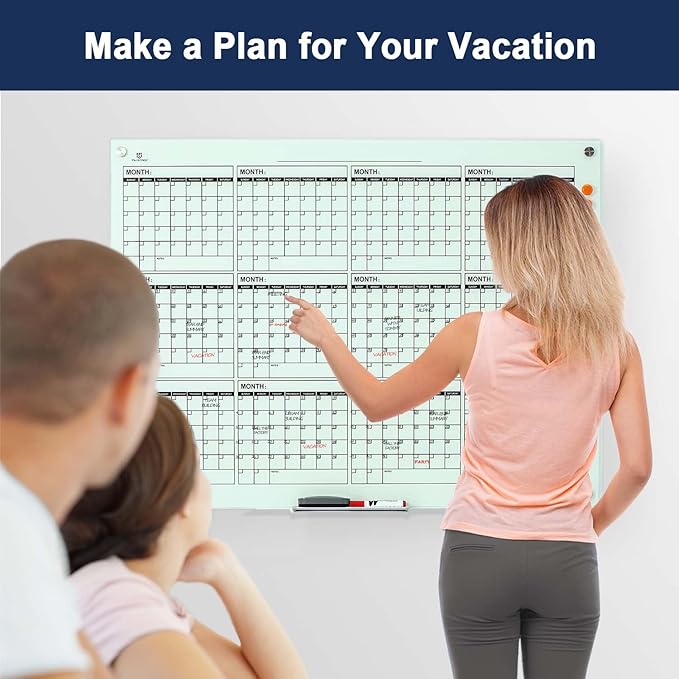 TSJ OFFICE Glass Calendar Whiteboard - 48 x 36 Inches Wall Mounted Dry Erase Yearly Planner for Wall, Large Magnetic Glass White Board for Office, Home & School