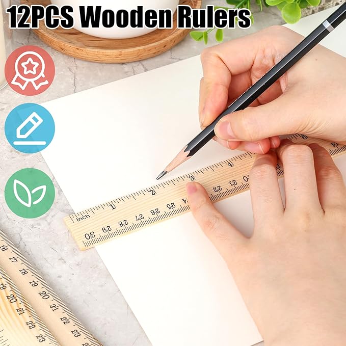 Koogel 12PCS Wooden Rulers Bulk, Wood Ruler 12inch/30cm Measuring Rulers 2 Scale for Kids Students Office School Supplies Classroom