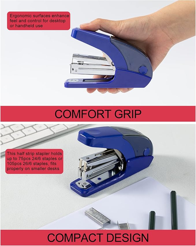 PAPERPAL Effortless Standard Stapler Set, 20 Sheet Capacity, Half Strip with Built-in Staples Storage, Includes 1000 pcs 1/4“ Staples & A Staple Remover, for Office, School & Personal Use, Dark Blue