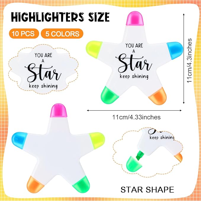 10 Pcs Star Pen Inspirational Christmas Gifts for Coworkers Students from Teacher Highlighters Brush Tip 5 Colors Markers Multicolor You're a Star Gifts Bulk for Office Supplies