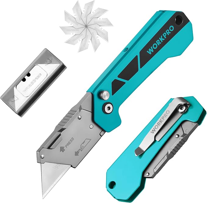 WORKPRO Box Cutter, Utility Knife Quick Change Blade Razor Knife, Folding Pocket Knife with Belt Clip and Axis Lock, 10 Extra Blades Included, Blue