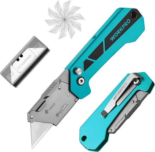 WORKPRO Box Cutter, Utility Knife Quick Change Blade Razor Knife, Folding Pocket Knife with Belt Clip and Axis Lock, 10 Extra Blades Included, Blue