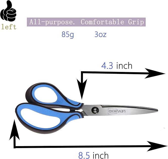8.5 Inch Left Handed Scissors for Left Handed Supplies & Gifts, 3-Color Comfort Grip,Sharp Pointed Tip for Precise Control,Ideal for Adult, Office, Craft, Fabric, Kitchen, School.
