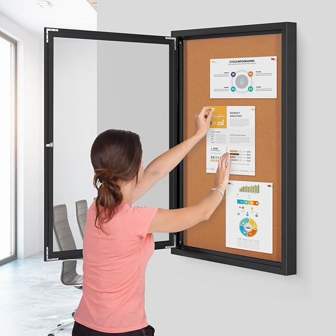 SWANCROWN Outdoor Bulletin Board 36x24in, Enclosed Bulletin Board with Locking Door Wall Display Case for Office School Commerce, Cork, Black Aluminum Frame