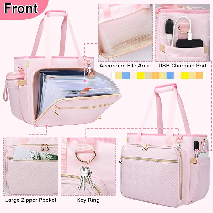 Teacher Tote Bag with Accordion File Organizer Pocket, Soft Nylon Utility Bag with 15.6 inch Laptop Compartment & USB Port, Large Work Tote Bag for Office Supplies Women (Pink)