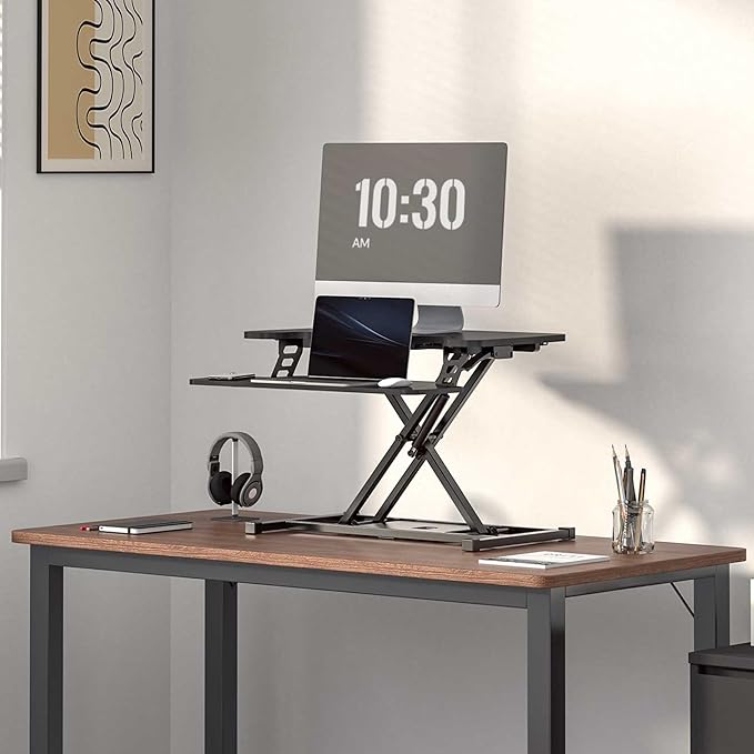 FLEXISPOT Standing Desk Converter 28" Wide Height Adjustable Sit Stand Riser, Small Size Desktop Workstation with Keyboard Tray for Home and Office, Black