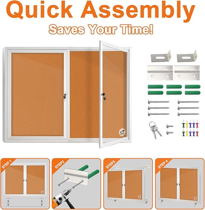 Outdoor Enclosed Cork Bulletin Board 44x32 Inch, Double Door Lockable Wall-Mounted Weatherproof Display Case, Tamperproof Notice Memo Poster Board with Aluminum Frame for Office, School, Community