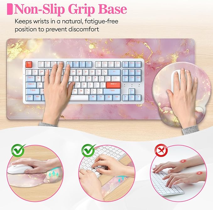Long Mouse Pad XXL,Ergonomic Desk Mat Gaming Set,Keyboard Wrist Support Rest Mouse Pad Suitable for Office and Home (XXL Pink Marble)