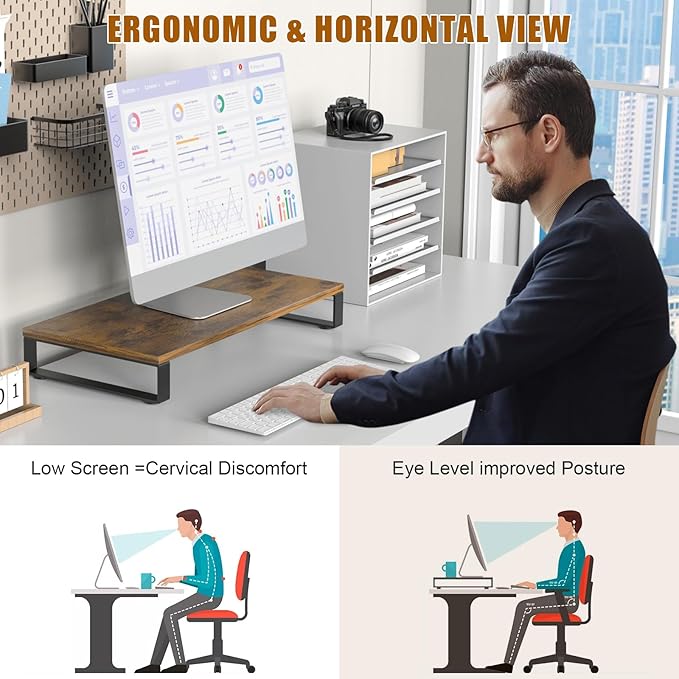 XINYAO Monitor Stand for Desk, Wood & Steel Computer Stand Riser with Storage Organizer for Office Laptop, PC, Printer 24x12 inch