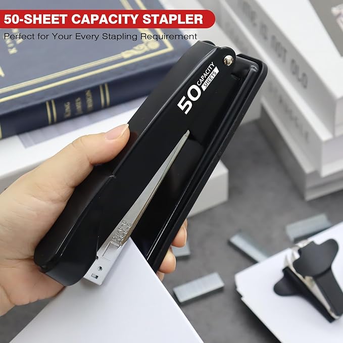 Metal Stapler Heavy Duty 50 Sheet Capacity with 2000 Staples and Staple Remover, No Jam, Non-Slip Stapler for Desk, Black Office Supplies for Teacher, Office Clerks