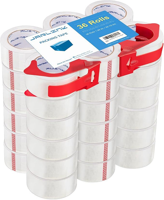JARLINK 36 Rolls Clear Packing Tape with 2 Dispensers, Heavy Duty Packaging Tape Refills for Shipping Packaging Mailing, 2.7mil Thick, 1.88 inches Wide, 55 Yards Per Roll, 1980 Total Yards