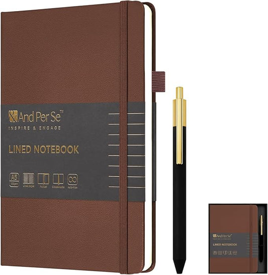 &And Per Se Lined Journal and Pen Set, A5 Hardcover Notebook, 160 Pages 100GSM Thick Paper-Gifts for Men Women, for Work, Business, School or Home Writing (Brown)