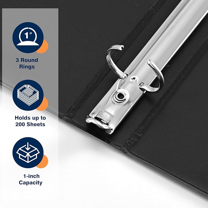 1-inch 3 Ring Binder with 2 Interior Pockets, 1'' Basic Binders Holds US Letter Size 8.5'' x 11'' Paper - Versatile Binders for Office, Home, and School Use, 6 Pack (Black)