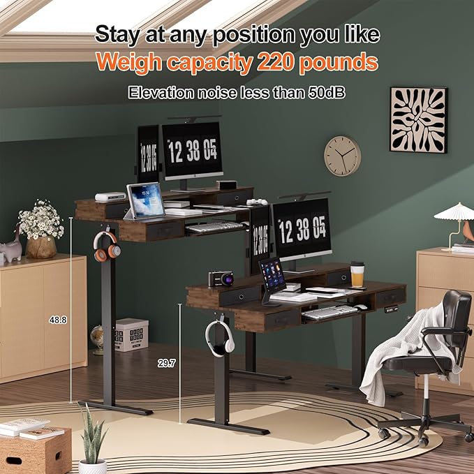 Standing Desk, 63" Adjustable Desk, Multifunctional Electric Standing Desk with 4 Drawers, Ergonomic Height Adjustable Desk with Keyboard Tray, Rustic Brown