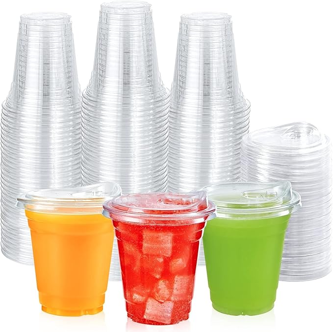 [100 PACK] 12 oz Clear Plastic Cups With Strawless Sip Lids, Disposable Plastic Cups With Sip Through Lids for Ice Coffee, Smoothie, Slurpee, or Any Cold Drinks