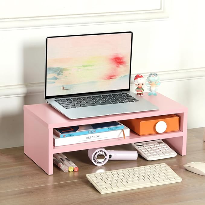 TEAMIX 2 Tiers Pink Monitor Stand Riser, Desktop Stand with Keyboard Storage Small TV Stand Laptop Wooden Desk Organizer Cute Shelf (Pink, 2 Tiers)