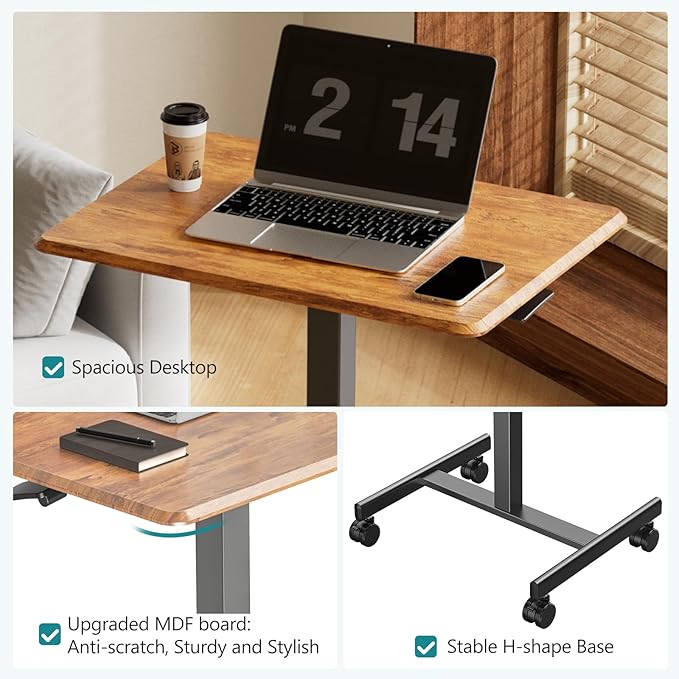 NEWBULIG Rolling Standing Desk Adjustable Height Brown, Mobile Standing Desks with Wheels, Portable Table Medical Rolling Computer Cart, Podium Stand with Metal Frame for Teacher Classroom Laptop