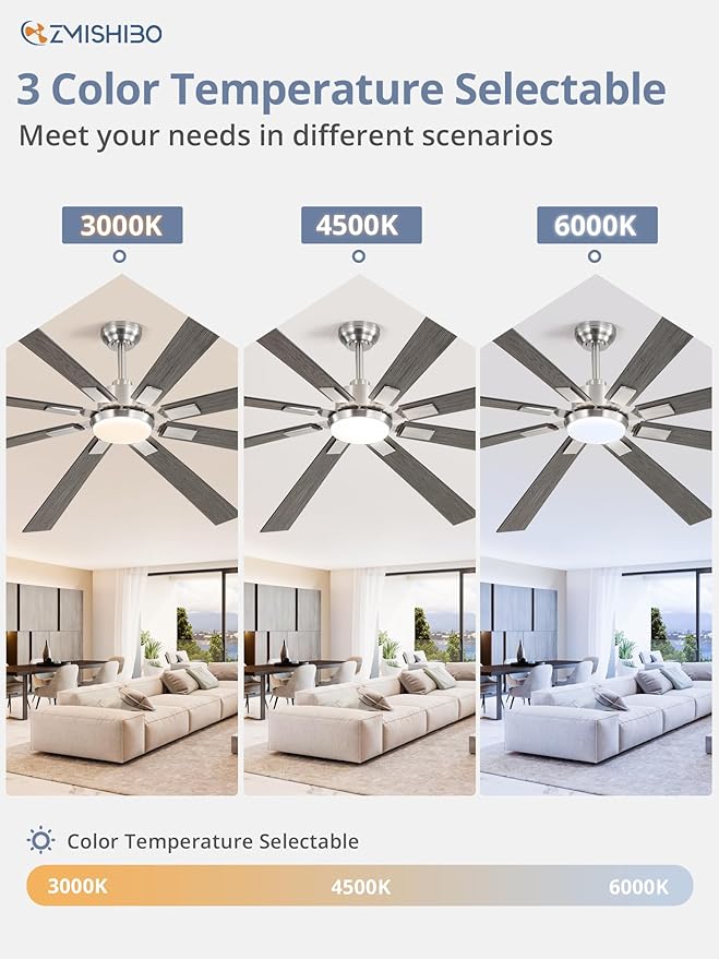 ZMISHIBO 80 inch Brushed Nickel Modern Ceiling Fans with Lights and Remote, Indoor/Outdoor Ceiling Fan for Living Room Patio, 6 Speed Reversible Quiet DC Motor, 3 CCT, Dual Finish Blades