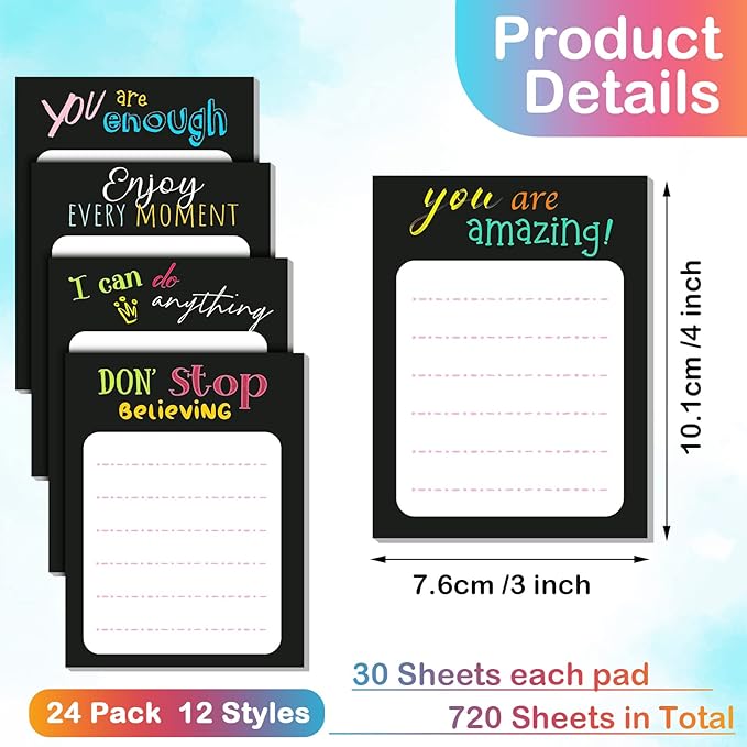 Yinder 24 Pcs Inspirational Sticky Notes Christmas Appreciation Sticky Notes Motivational Funny Memo Pads Positive Note 3 x 4 Medical Assistant Gift for Women Office(Black,Inspirational)
