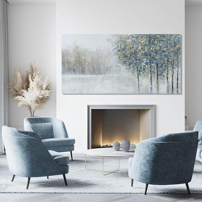 ZENPEE Abstract Forest Canvas Wall Art, 20x40 Inch Blue and Gold Tree Painting, Modern Nature Landscape Artwork for Living Room Bedroom Office Decor, Ready to Hang