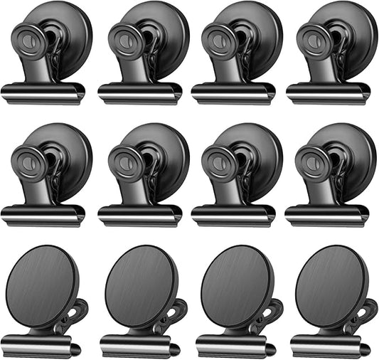 12Pack Fridge Magnets - Heavy Duty Magnetic Clips for Fridge, Whiteboard & Office (Black)