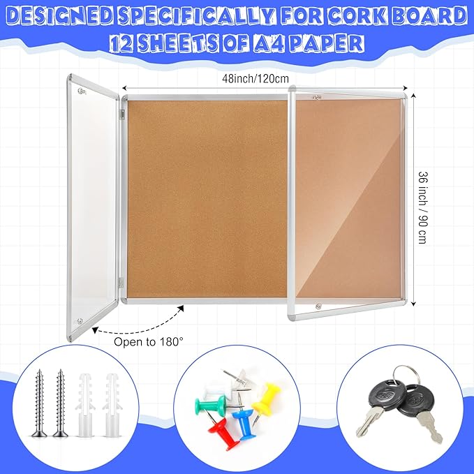 Enclosed Bulletin Board 48" x 36" Weather Resistant Lockable Notice Cork Display Board Wall Mounted 2 Locking Door for School Classroom Commercial Christmas, 12 x A4(Brown, Silver Frame)