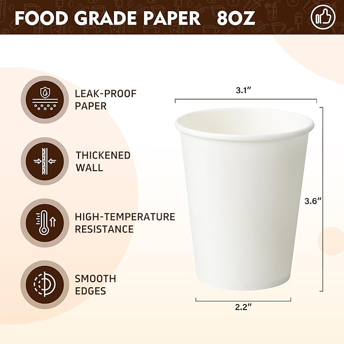 YEEHAW 8 oz 1000 Pack Disposable Paper Coffee Cups, White Hot Cups for Hot Coffee, Hot Liquid, Ideal for Cafes, Bistros, Businesses and Family