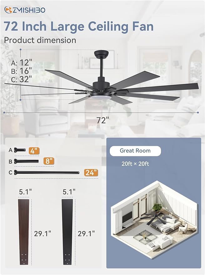 ZMISHIBO 72 inch Large Ceiling Fans with Lights and Remote, Indoor/Outdoor Black Modern Ceiling Fan for Kitchen Living Room Patio, 6 Speed Reversible Quiet DC Motor, 3 CCT, Dual Finish 8 Blades