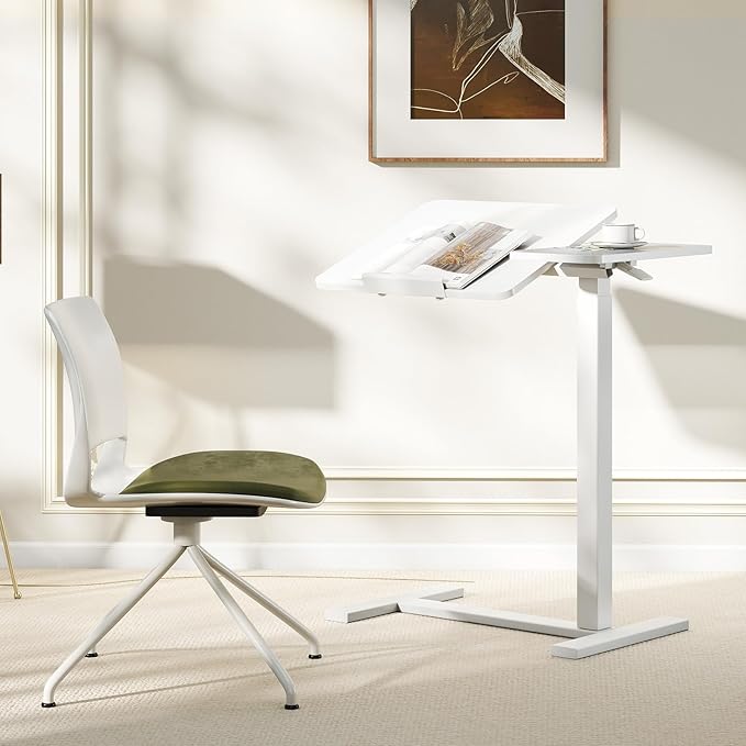 NEWBULIG Rolling Desk Adjustable Height, Small Standing Desks Rolling Table with Wheels, Portable Laptop Mobile Stand with Tiltable Desktop for Teacher Classroom Home Office, White