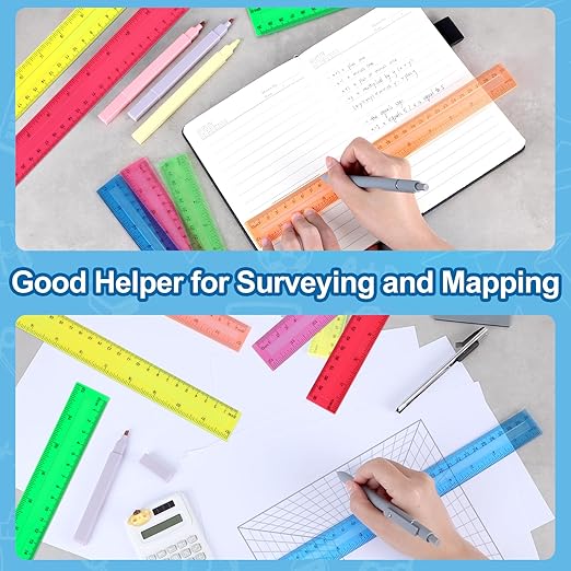 12 Inch Plastic Rulers, 32 Pack Assorted Colors Transparent Ruler Bulk, Metric Rulers with Inches and Centimeters, Straight Ruler Measuring Tool for Student Office Home Back to School Supplies