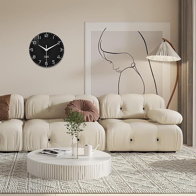 XNM Decorative Wall Clocks Battery Operated 14 Inch Black Wall Clock for Office Glass Modern Wall Clock Silent