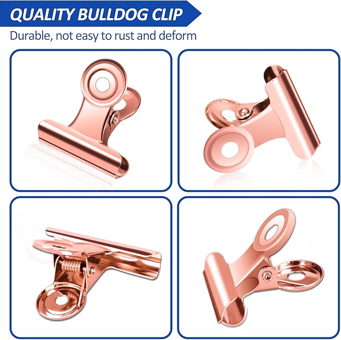 30 Pack Small Bull Clips 0.87 Inch Mini Metal Hinge Clips Binder Paper Hinge Clip for Office, Home, School, Shops, Rose Gold, 22mm