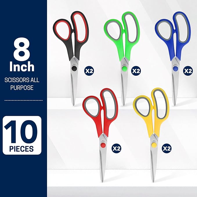 8" 10 Pack All Purpose Heavy Duty Scissors- Comfort-Grip Sharp Scissors for Office School Sewing Fabric Craft High/Middle School Student Teacher Scissor, Right/Left Hand