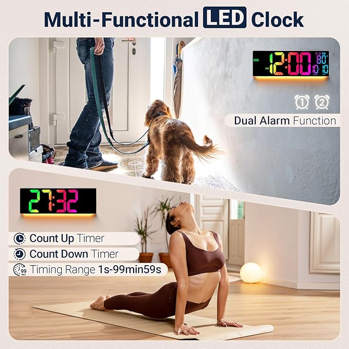 16.5" Large Digital Wall Clock: 11 RGB Colors Wall Mount Decor Clock for Living Room Bedroom Office Classroom, House Warming Gifts New Home Decor, for Men Women Gray