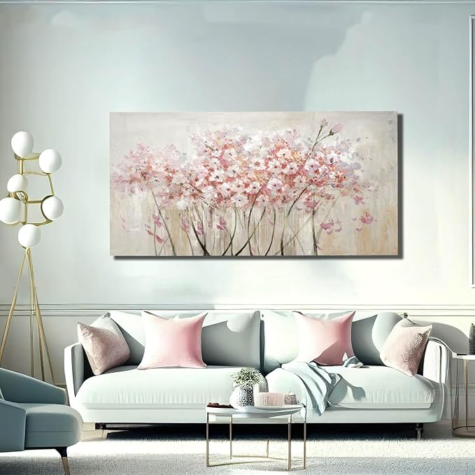 YJYart White Floral Oil Painting Canvas Art Wall Decor Modern Botanical Picture Graffiti Wall Art for Bedroom Living Room Kitchen Office 24" x 48"